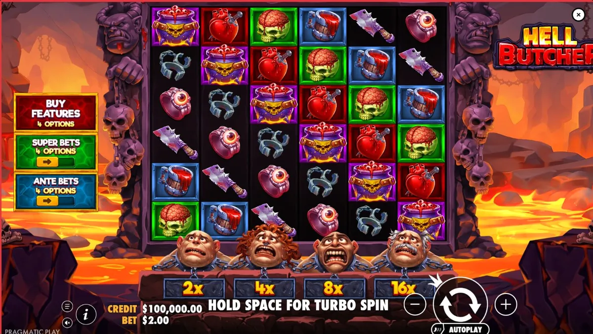 Hell Butcher slot game screen na may temang horror at mga demonyong simbolo.